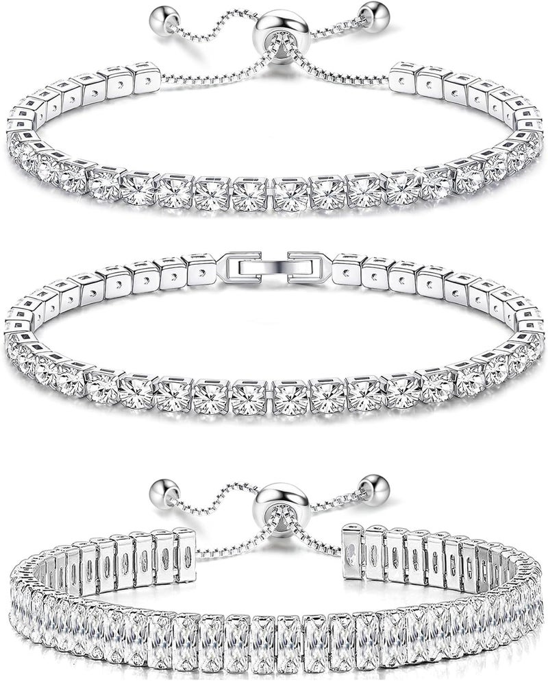 Yadoca Tennis Bracelets For Women - Silver Plated Bracelet Stack Cubic Zirconia CZ Diamond Adjustable Stackable Bracelets Set For Prom Wedding Jewelry Gift 3Pcs - Image 1